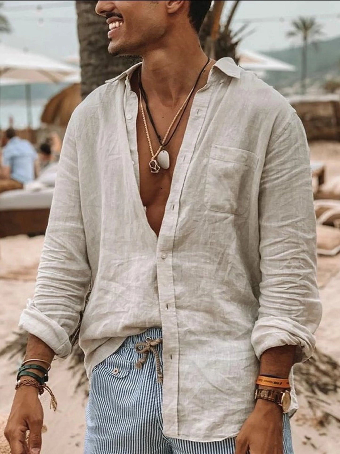 Men’s Casual Linen Long Sleeve Shirt – Lightweight Beachwear Lapel Style