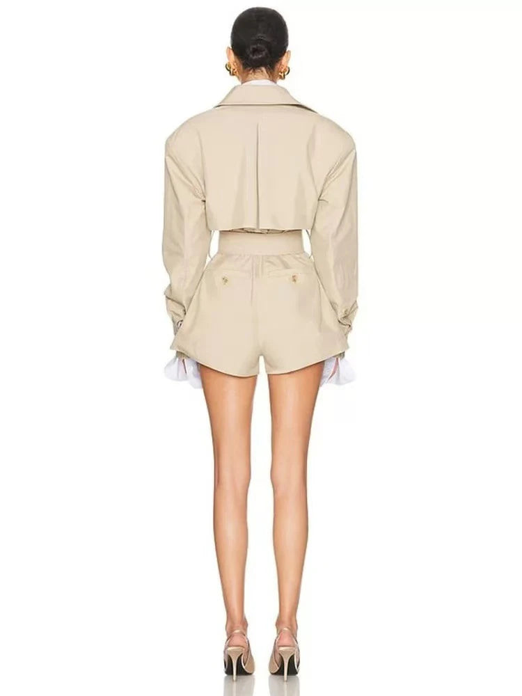 Elegant Belted Trench Style Playsuit Women’s Long Sleeve Double Breasted Jumpsuit with Lapel Collar High Waist Shorts