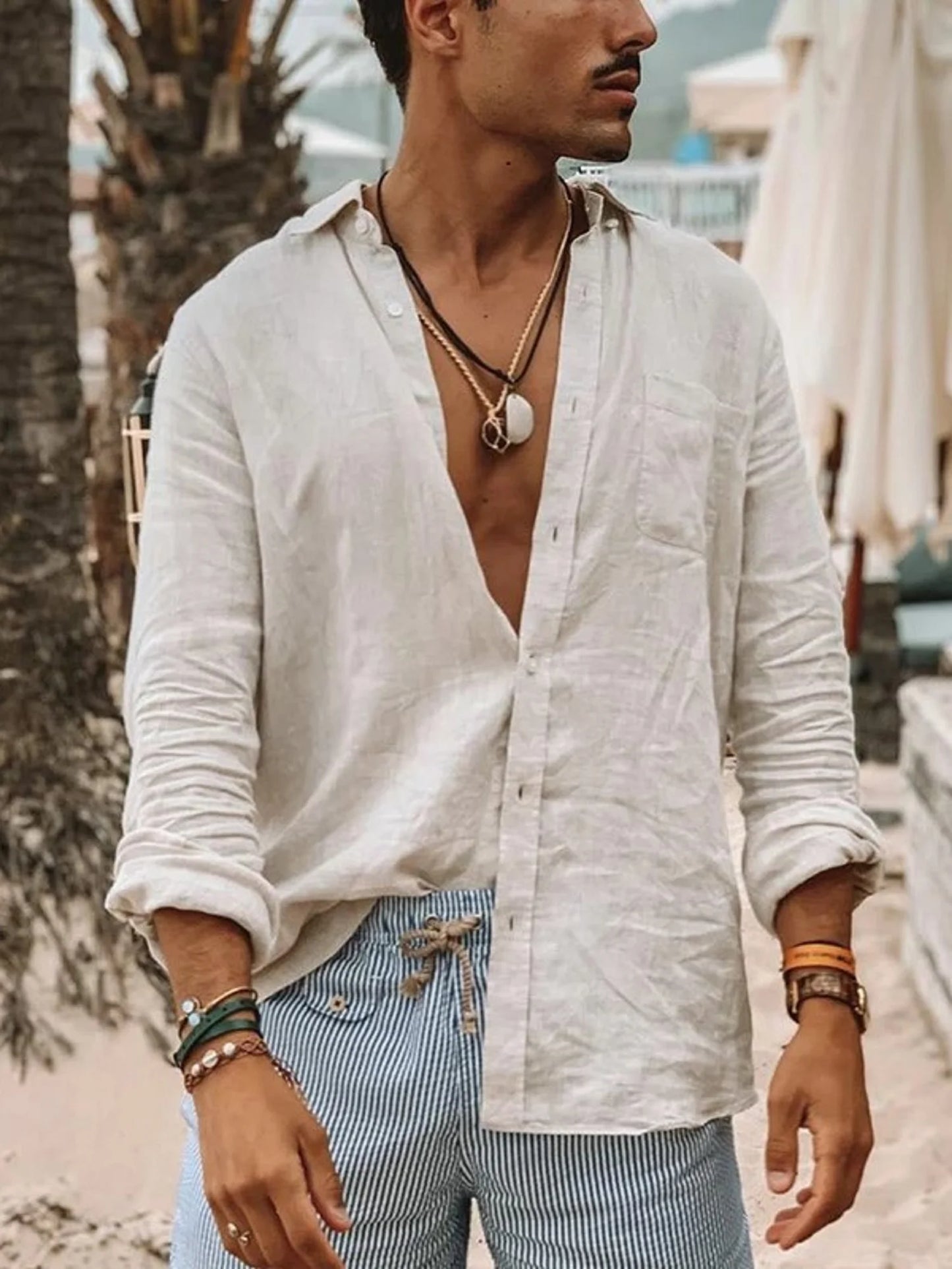 Men’s Casual Linen Long Sleeve Shirt – Lightweight Beachwear Lapel Style